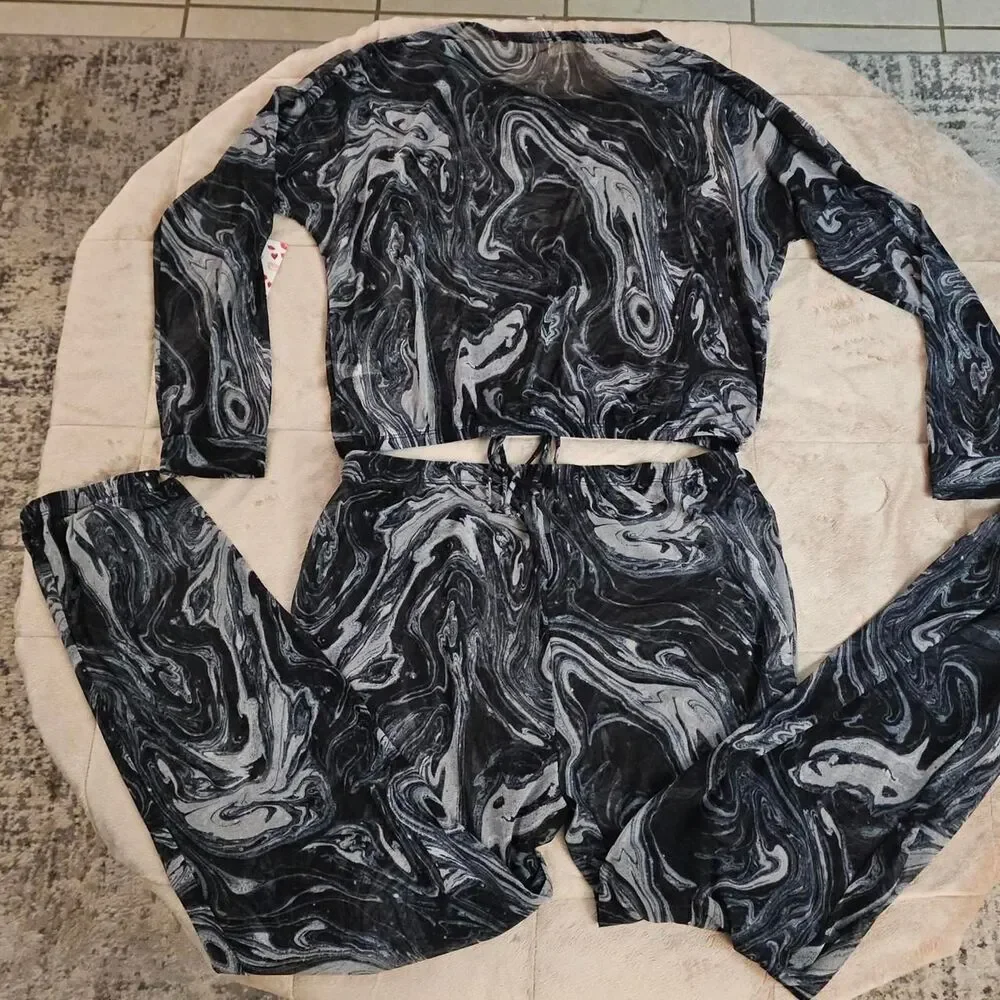 Free Kisses Sheer Mesh Marble Print 2 Piece Swim Cover Up Set L Black Gray NWT